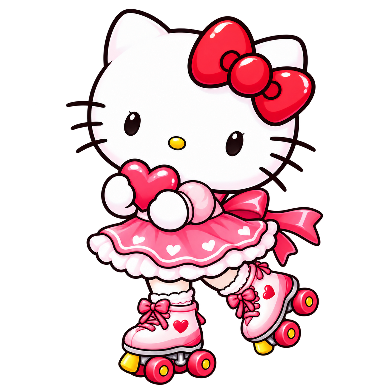 Hello Kitty on pink roller skates, holding a little heart